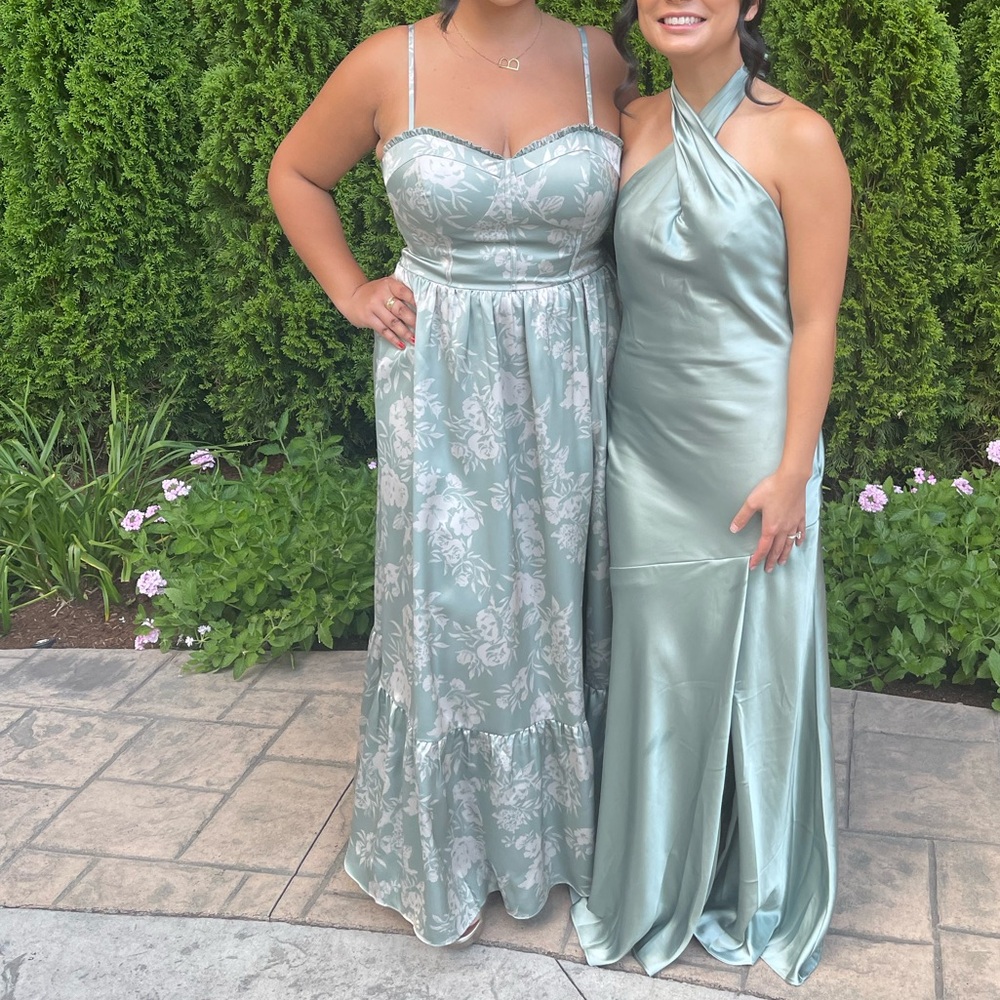 Revelry Green Satin Floral Bridesmaid Dress
